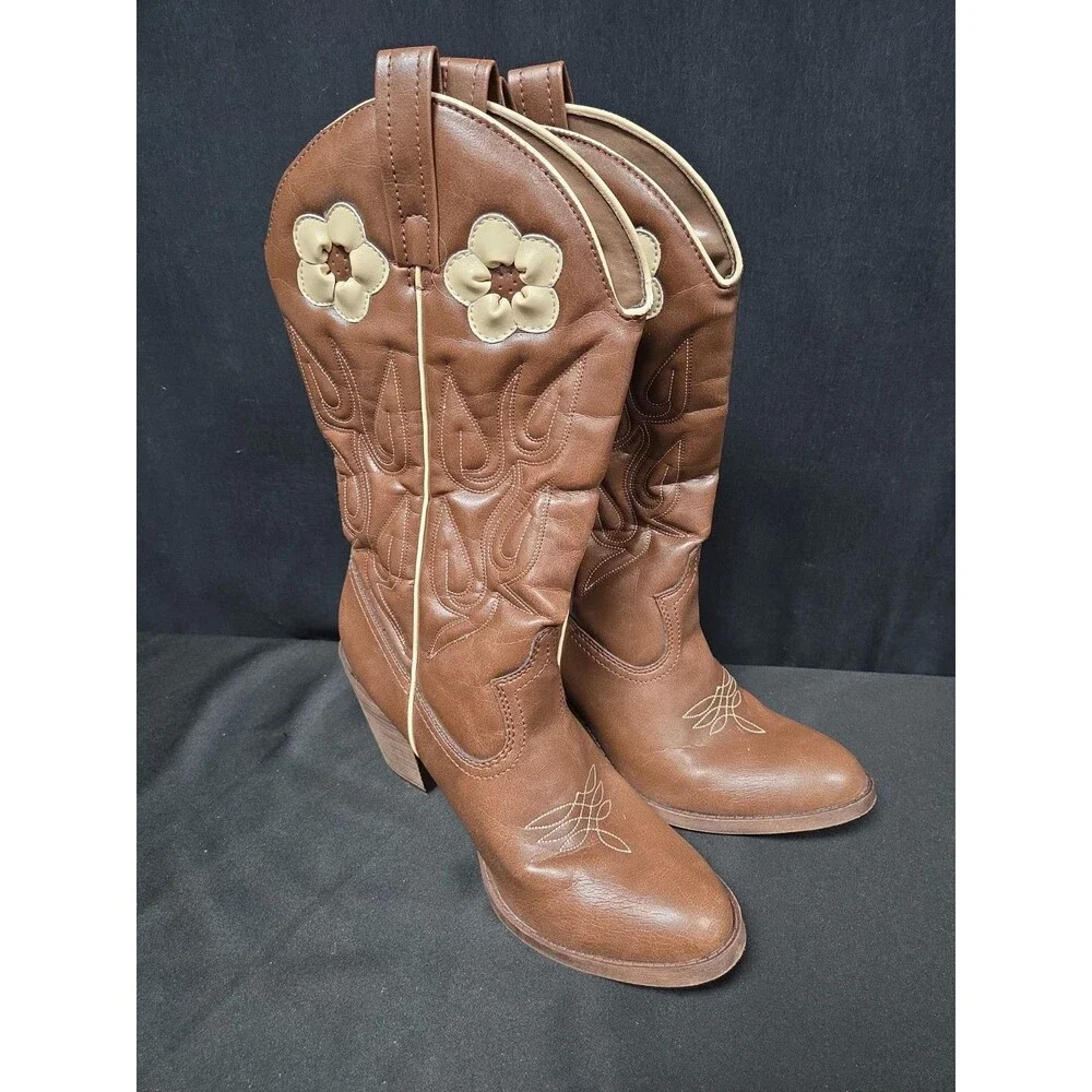 Candies Bannera Brown Cowboy Western Boots Beige Flower Size 8.5